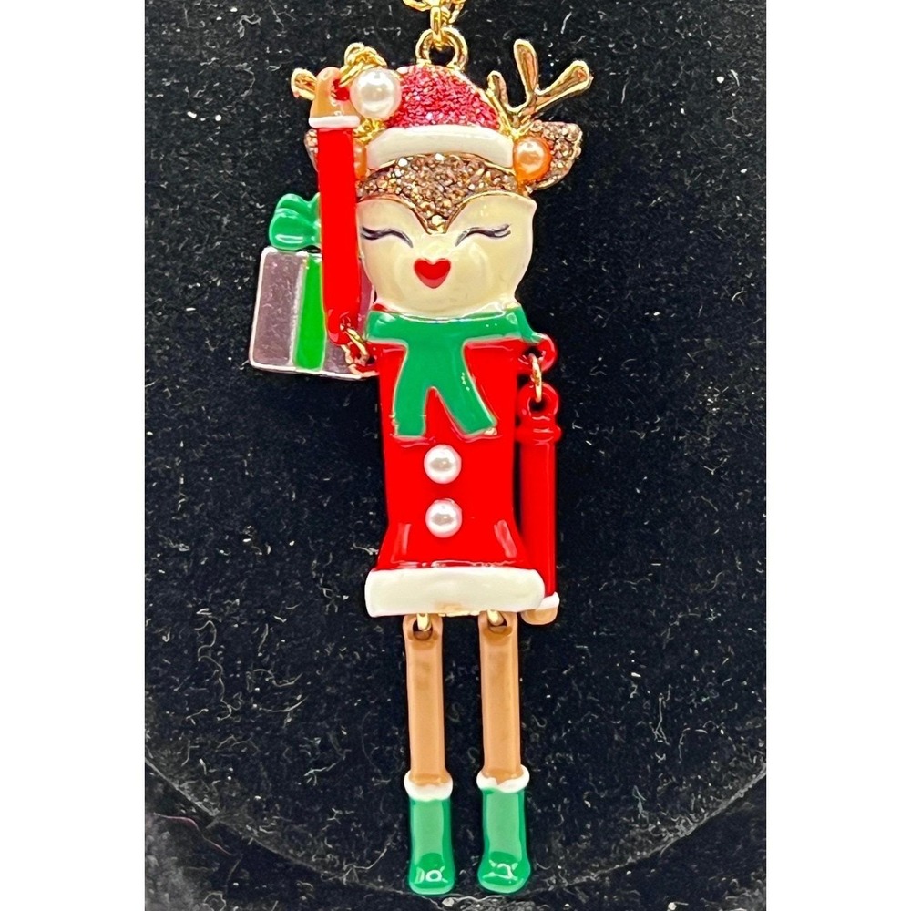 NWT Betsey Johnson Christmas Articulated Reindeer Necklace Candy Cane 30"